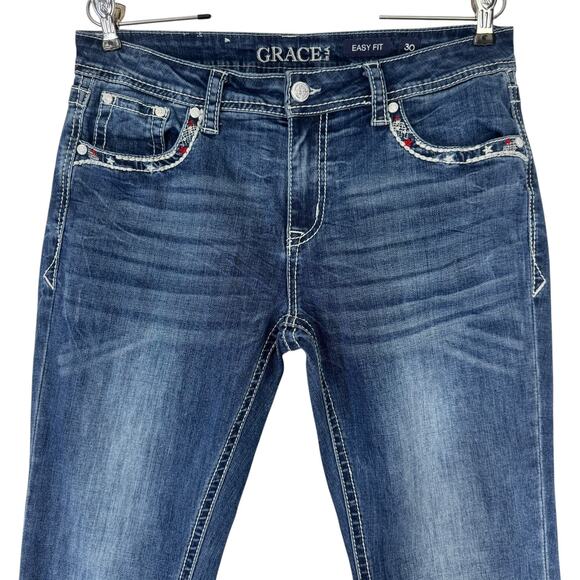 Grace in LA Bootcut Jeans Tribal Feather Embroider Fray Hem Easy Fit 32X33* (30) - Picture 3 of 16